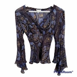 Cache blue, tan and brown silk floral sheer blouse